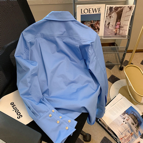 Blue Metal Button Embroidered Polo Collar Women's Shirt 2024 Autumn New High-End Loose Casual Elegant Top