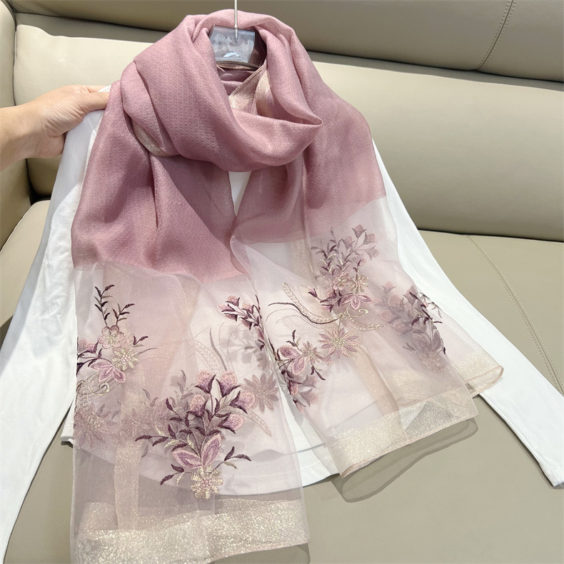150g Weight Silk Scarf Classification Travel Occasion Polyester Material Flower Pattern Spring, Autumn Season Women's Gender Embroidery Design Elegant Style Women's Elegant Flower Polyester Embroidery Silk Scarf 14