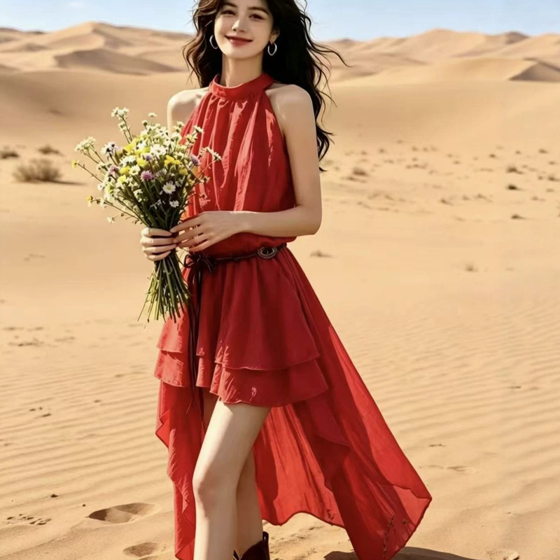 Summer New Style Sleeveless Halterneck Dress for Women, Vacation Style, Irregular Ruffles, Waist-Cinching, Slimming, Solid Color Beach Dress Summer New Style Sleeveless Halterneck Dress for Women, Vacation Style, Irregular Ruffles, Waist-Cinching, Slimming, Solid Color Beach Dress