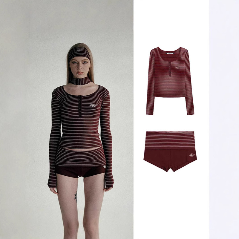 badblood Soft Henry Collar Long Sleeve Pinstripe Top Women's American Style Retro Hot Girl Embroidered Fashion Two-piece Set