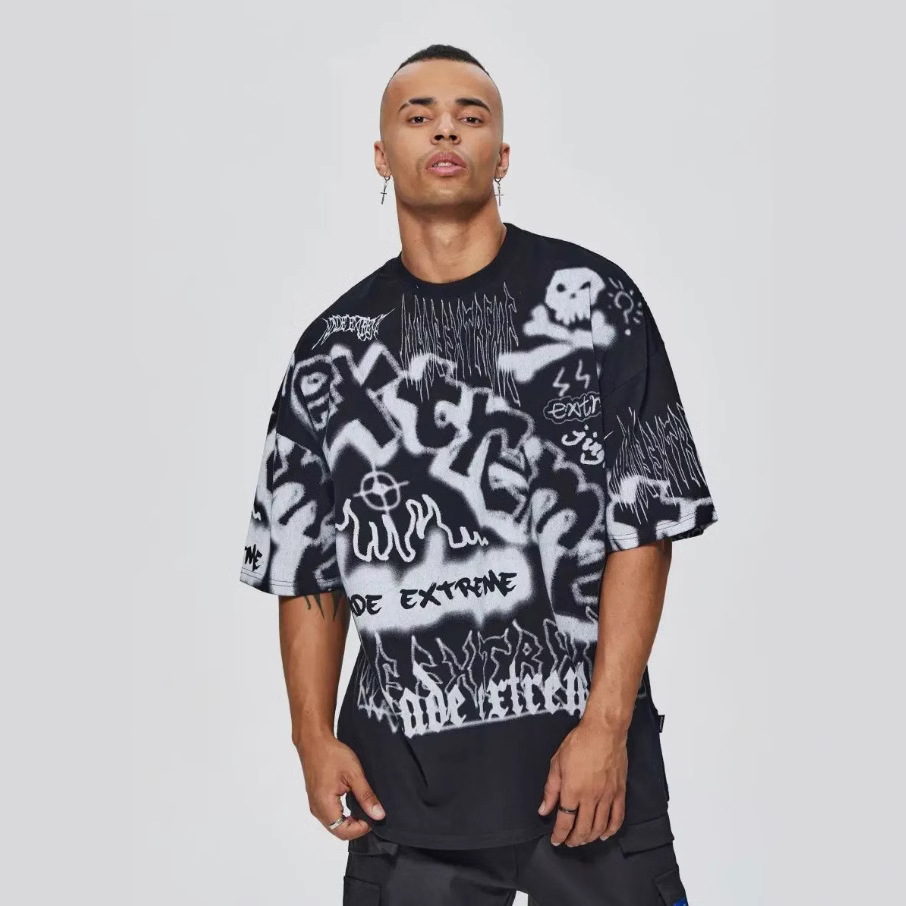 2025 transfronterizo impresión completa camiseta de mangas cortas varón suelta camiseta de pareja europea y americana