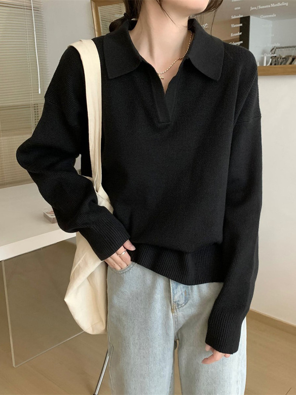 慵懒风宽松上衣百搭polo翻领针织打底衫女2025新款春秋冬内搭毛衣|undefined