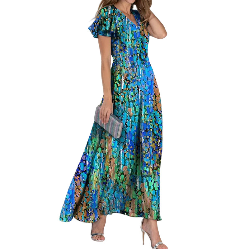 European and American Cross-Border Export Women's Clothing Amazon New Chiffon Printed Dress Elegant V Neck Short-Sleeved Long Skirt