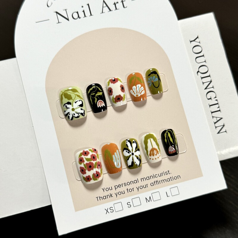 [Sold Out, No Restock] Artistic Oil Painting Wearable Nails, Green Floral Impressionism, Brightening Effect, Size 30 Nail Stickers