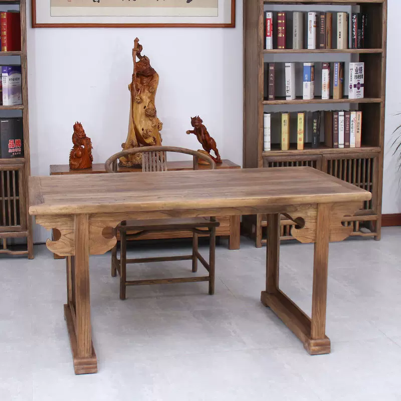 老榆木中式画案画桌泡茶桌两用实木复古风化做旧餐桌明式书法案台