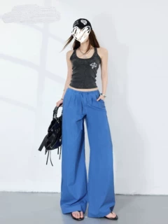 蓝色天丝宽松阔腿裤女夏2026新款美式休闲显瘦松紧腰慵懒遛弯裤