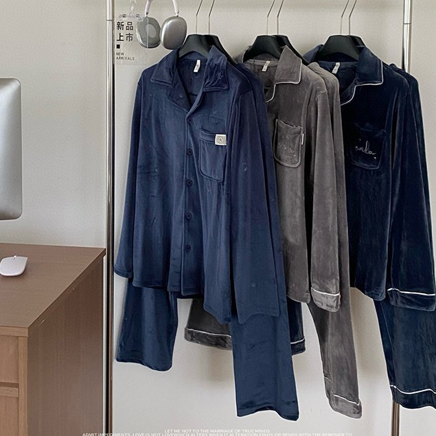 Autumn and Winter 8611 Normcore Men's Island Velvet Home Clothes Thickeneded Warm Pajamas Fleece-Lined Pure Color Lapel 2-Piece Set