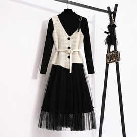 打底连衣裙2023新款吊带小黑裙内搭长裙子女士冬裙套装两件套