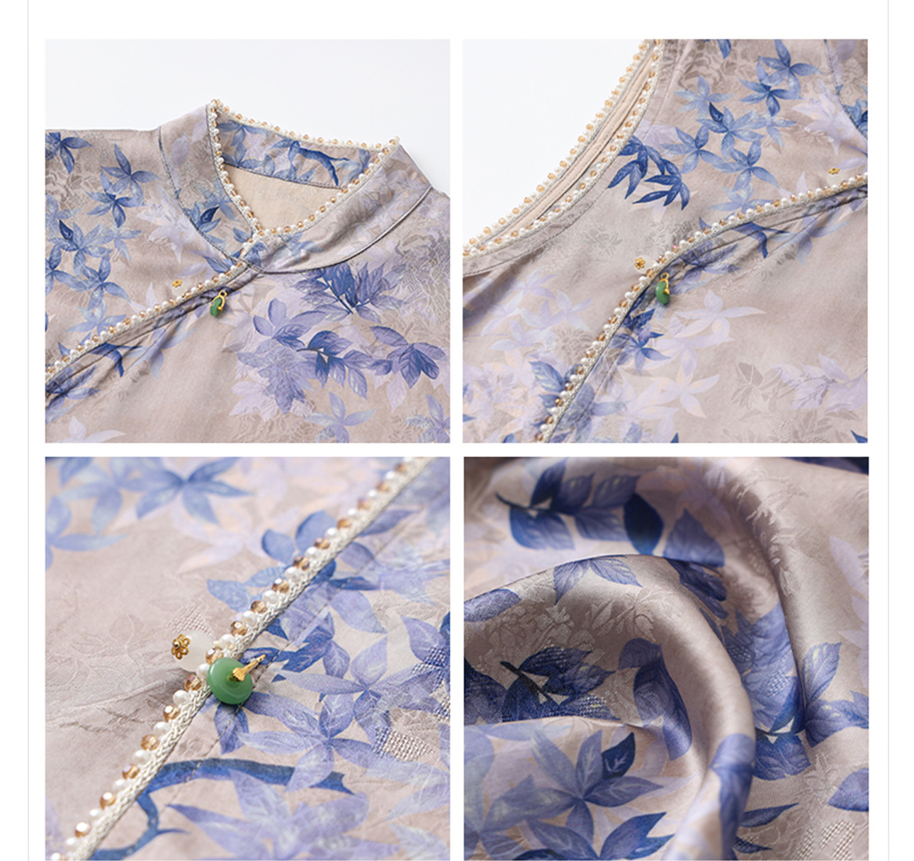 Áo vest gile nữ cổ đứng không tay phong cách cổ điển Trung Hoa, đính chuỗi hạt, mùa hè M8035 — màu xanh chi tiết 17
