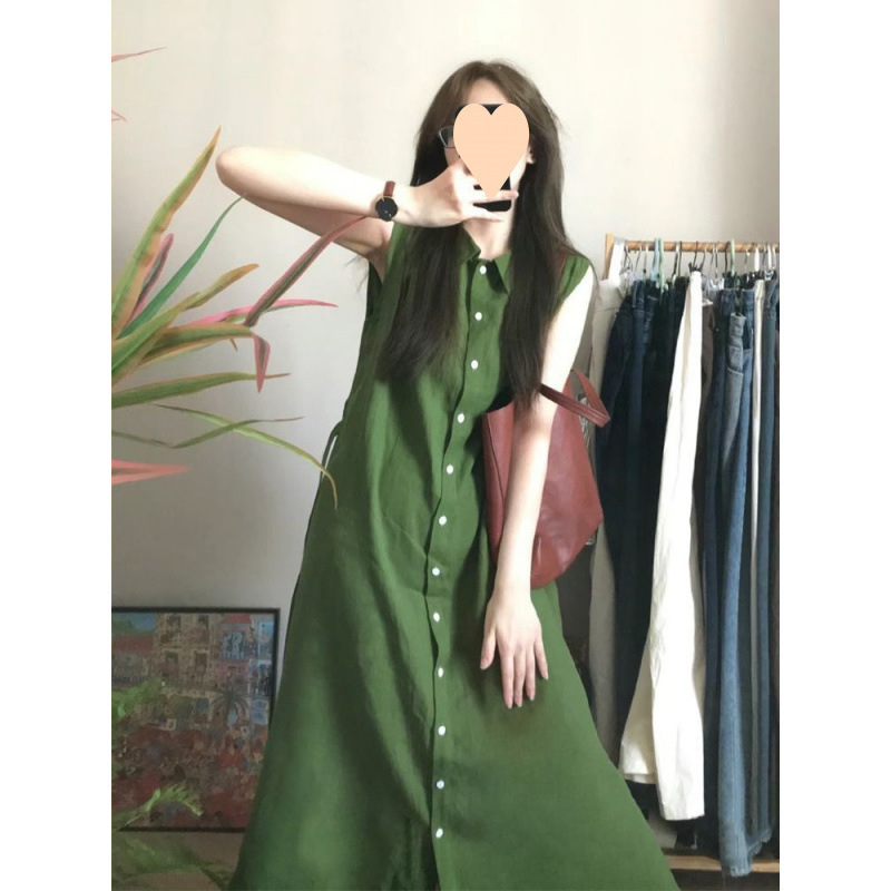 绿色无袖衬衫连衣裙女夏季新款高级设计感宽松显瘦系带气质长裙子|undefined
