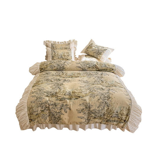 French romantic four-piece bed set, princess-style pure cotton bed skirt four-piece set, all-cotton edge quilt cover, four-piece bedding set
