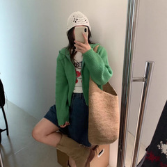 韩版华夫格拉链小个子连帽毛衣外套女短款秋冬软糯绿色针织开衫女