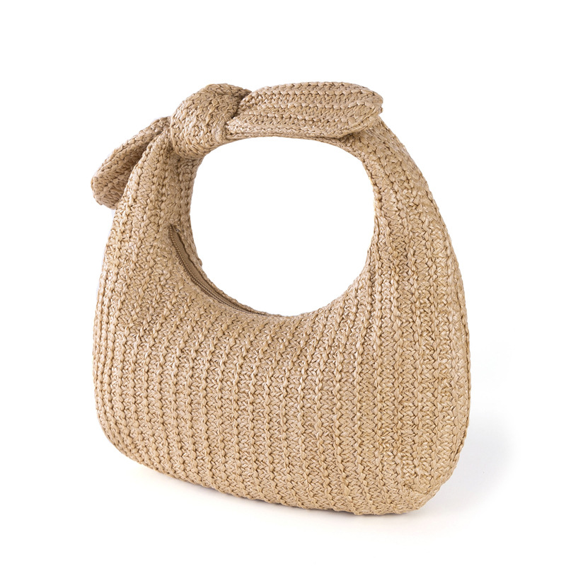 Zipper Closure Type Women's Small Straw Bow Knot Elegant Streetwear Dumpling Shape Zipper Handbag