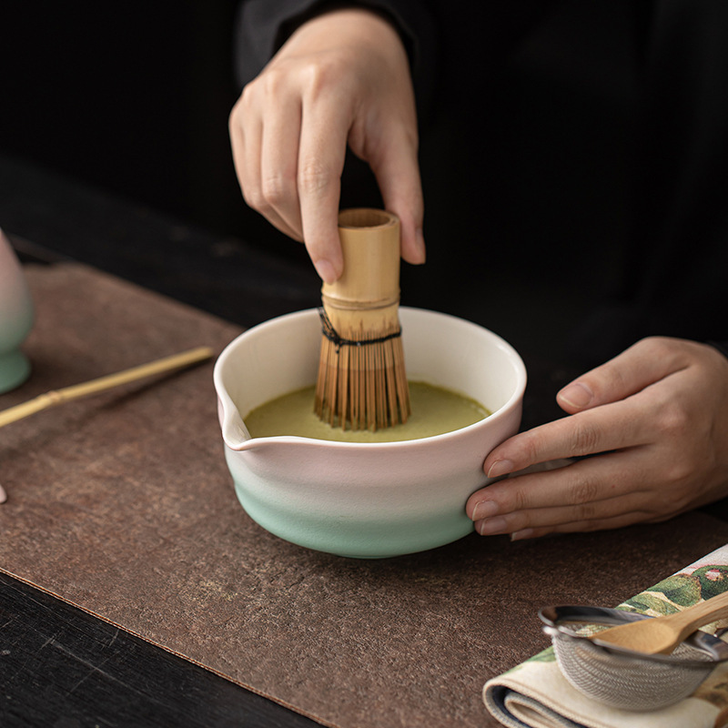 日式螺纹抹茶四件套渐变陶瓷打抹茶工具点茶碗茶筅托茶刷百本立|undefined