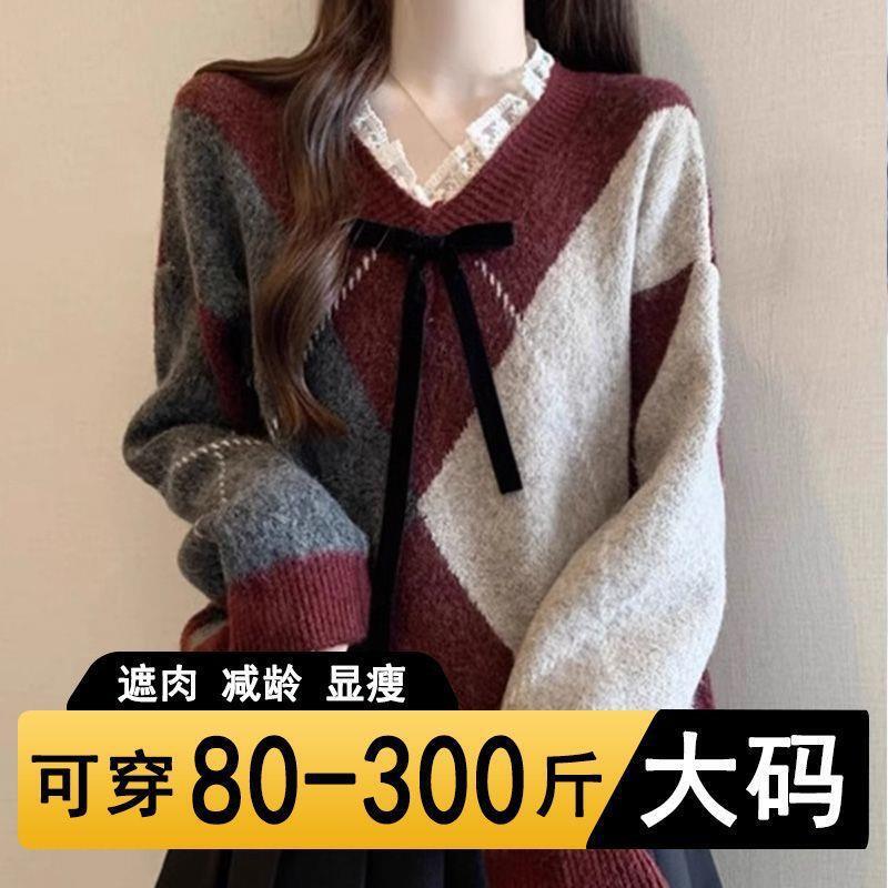 Retro Red Quilted Knitwear Autumn and Winter Large Size New Fat mm Bow Top Lace Splicing Christmas Knitwear