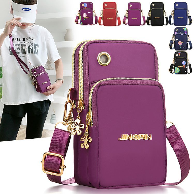 Nylon cloth vertical zipper mobile phone cross-body bag change key shoulder bag casual mobile phone case three-layer women's shoulder bag