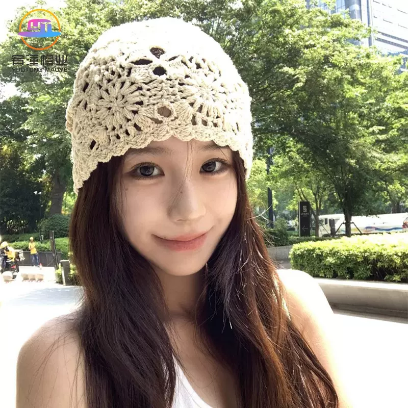 春秋勾花编织女士毛线针织帽薄款镂空手工女钩帽子夏季网红包头帽