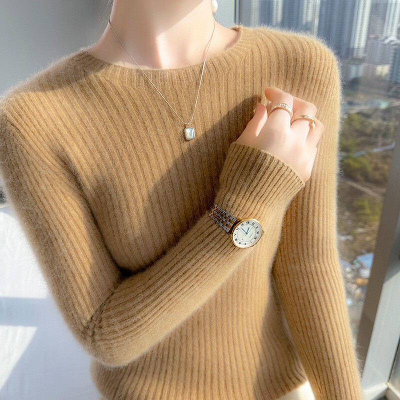 New Autumn and Winter 2025 100 Wool Round Neck Women's Long-Sleeved Pure Color Striped Pullover Slimming Look Bottoming Cashmere