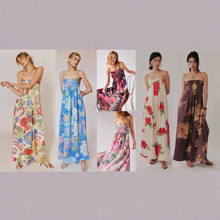 25 Summer New European and American Elegant Commuter Sling Printed dress High Waist Belt A- line Skirt Elegant Long Skirt