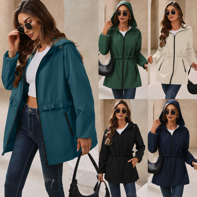 2024 Amazon Autumn and Winter New Hot Style Fashionable Women's Rainproof Waterproof Jacket Hooded Temperament Windbreaker with Pockets