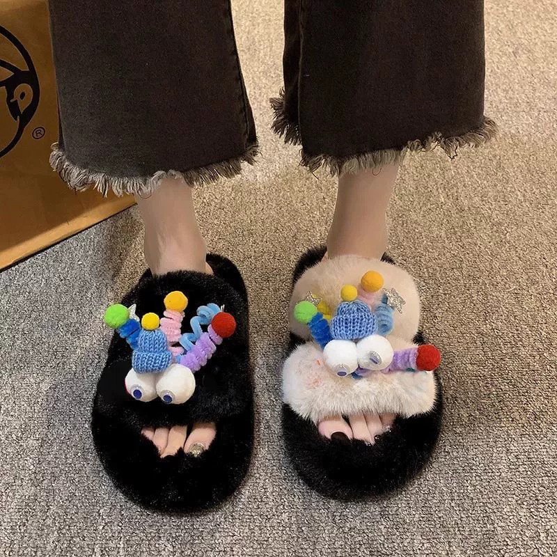 Волосатые тапочки женские наружные носить 2024 новые осенние и зимние плюшевые милые мультфильмы толстые подошвы
