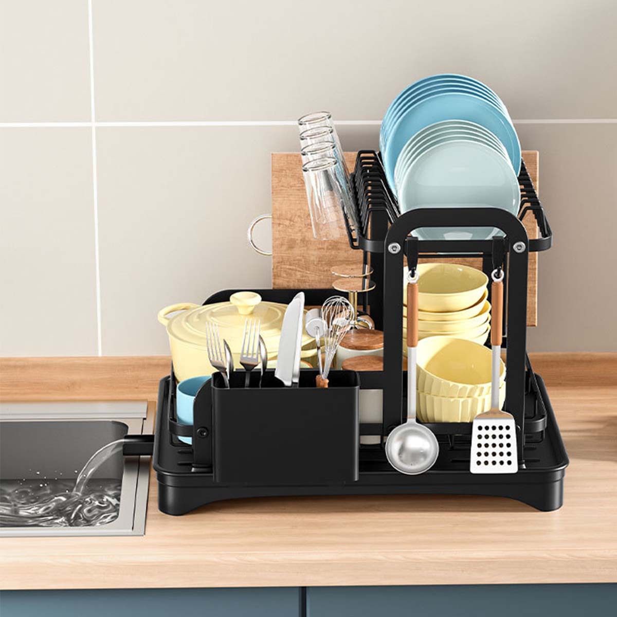 Estante para platos de doble capa de hierro plano negro transfronterizo, mesa sin perforación, estante para desagüe de vajilla de dos capas, estante para colgantes de cocina