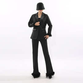 2025年秋冬新品单粒扣休闲套装裤翻领不规则简约雪白色外套裤子女