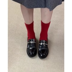 【在庫あり】本革 厚底 リベット 英国製 小さめ 革靴 レディース 新品 ブラック レトロ スリッポン ローファー シューズ