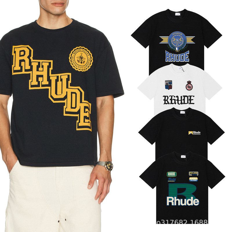 Cross-Border Men's Clothing Rhude American High Street Hip-Hop Printed Loose Heavy Cotton Short-Sleeved T-Shirts for Men and Women Half-Sleeved Tops