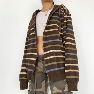American retro wind color stripe stitching sweater female 2022 Autumn New zipper hooded loose casual jacket