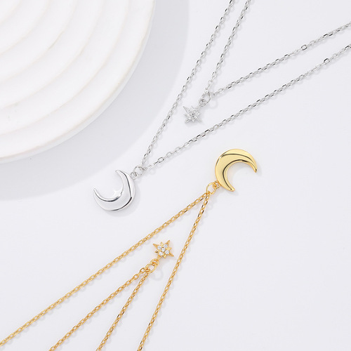 Yuanfan s925 sterling silver double layer moon necklace women's niche eight-pointed star zircon clavicle chain autumn and winter sweater chain