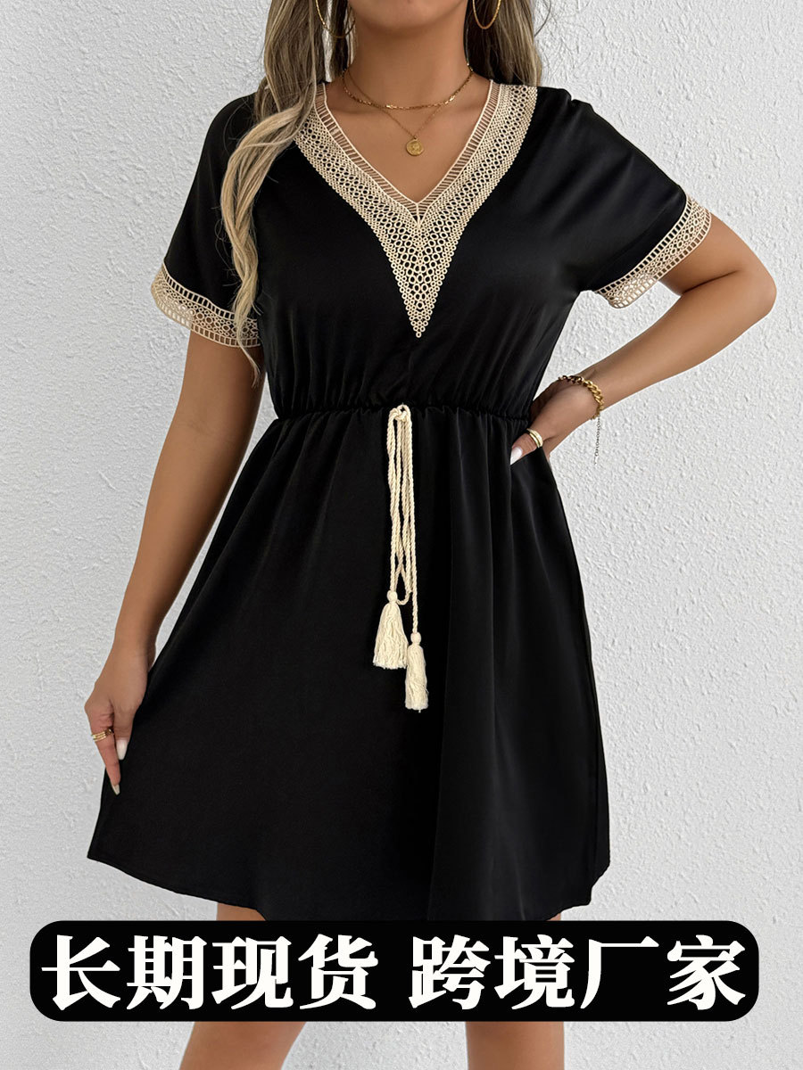 Foto real de ropa femenina transfronteriza europea y americana, nuevo vestido de satén de verano, vestido de satén imitación seda con cuello en V y corte en A image 1