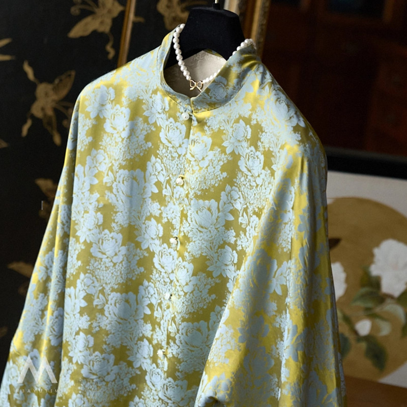 Abbigliamento da donna molto elegante N merci floreale jacquard giada bottone colletto alto seta elegante giacca chic_voghion.com