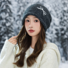 帽子女秋冬可爱蝴蝶结刺绣毛线帽加绒防寒保暖帽休闲百搭抽绳冷帽