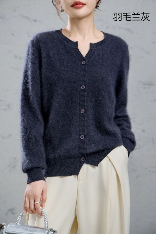 オフシーズンの高級品を拾う！ 230 グラム厚みのある起毛ウールカシミヤセーターはさみ襟ラウンドネックカーディガンセーター女性の秋と冬|undefined