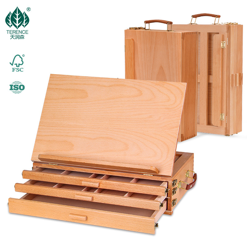 Easel desktop desktop storage box painting box oil painting box bracket multi-functional wooden drawer painting tool folding