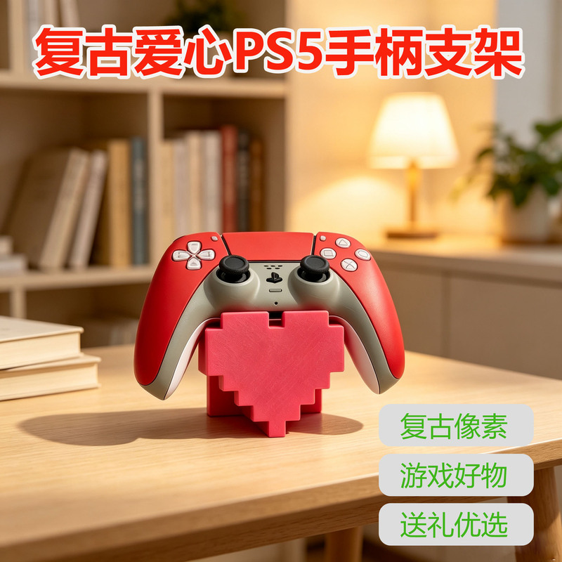 Cross-border pixel heart PS5 controller stand 3D printed retro game controller storage rack desktop display base Cross-border pixel heart PS5 controller stand 3D printed retro game controller storage rack desktop display base