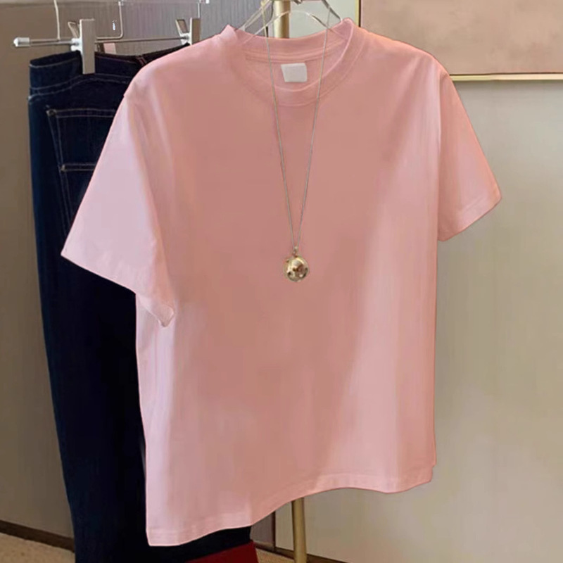 Pink Cotton T-shirt Women's Shoulder Short-sleeved 2025 New Summer Simple All-match Age-reducing Slimming Small Top
