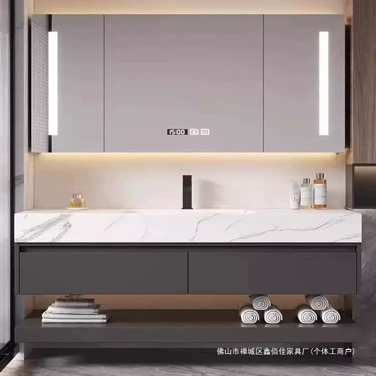 现代简约岩板一体浴室柜组合卫生间洗脸池卫浴柜洗手池洗漱盆双盆