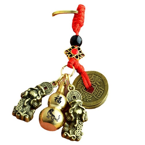 Alloy Five Emperors Money Double Pixiu Pendant Brass Twelve Zodiac Signs Cinnabar Gourd Send Sand Keychain Wholesale