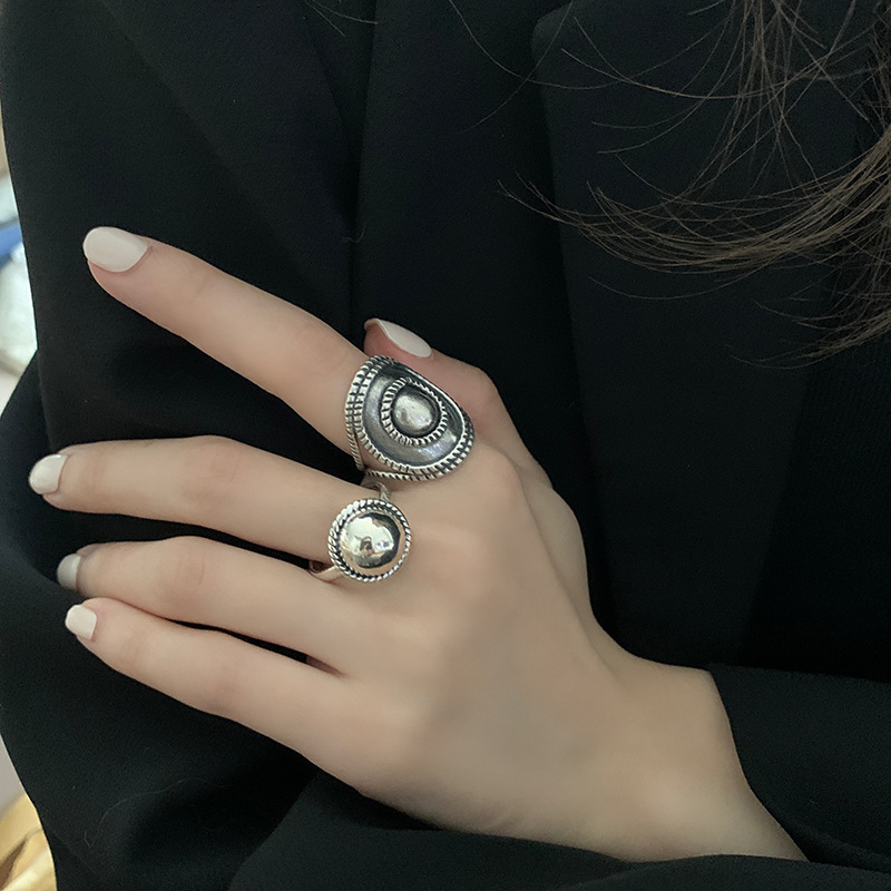 925純銀復古泰銀戒指女ins橢圓鏡面雕刻麻花邊時尚設計感開口戒指