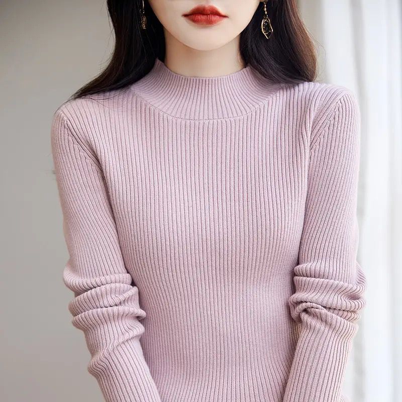 100 Cotton Semi-high Neck Knitted Slim-fit Cotton Sweater Autumn and Winter New Inner Top Stylike Long-sleeved Base Shirt for Women