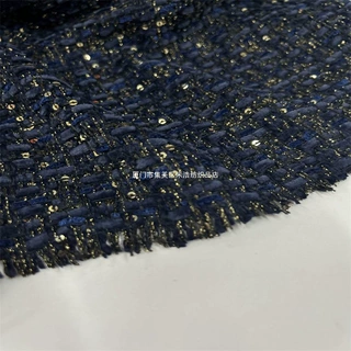 藏青蓝银珠亮片编织小香风面料服装外套裙粗纺花呢布