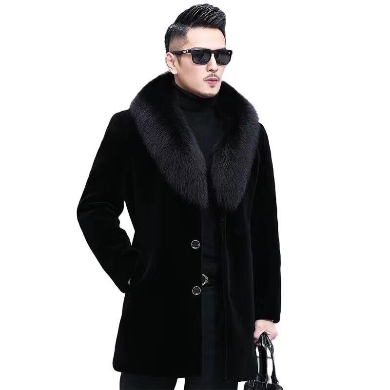 Shanli Dadi Mink Coat Men's Long Haining Mink Fleece Fox Fur Collar Winter New Thick Loose Warm