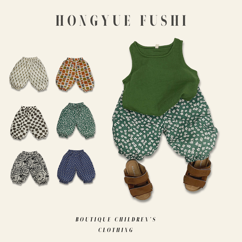 Children's Floral Anti-Mosquito Pants, Boys' and Girls' Lantern Pants, Korean Style Pants, Nine-Point Pants, Cotton Children's Pants for Young Children