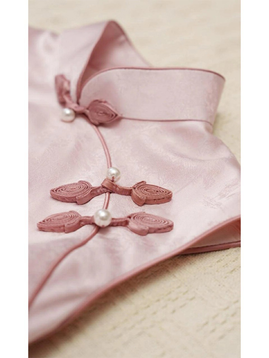 Váy sườn xám cách tân hoa anh đào hồng jacquard khóa cài áo Hán phục mùa hè — Màu hồng chi tiết 5