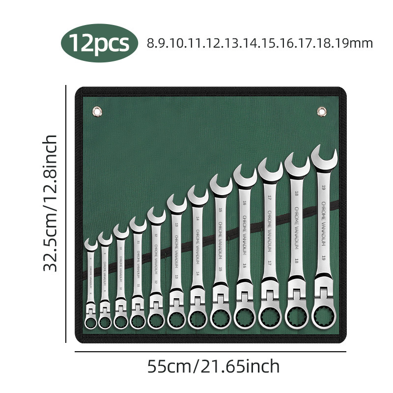 Ratchet wrench set with swivel head, 72-tooth quick dual-use open-end wrench, 6-15pcs cloth bag set, complete tool set