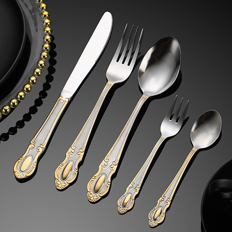 Cross-Border Amazon Gemstone Stainless Steel Western Tableware Gold-Plated Creative Retro Embossed Western Dessert Knife, Fork, and Spoon