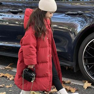 2025 New Girls' Cotton Clothes Winter Children's Extra Long Winter Clothes Over-The-Knee Cotton Clothes Medium and Large Children's Cotton-Padded Jackets