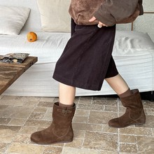牛皮版~宽筒磨砂真皮厚底中筒靴女复古粗跟西部短靴马丁靴骑士靴